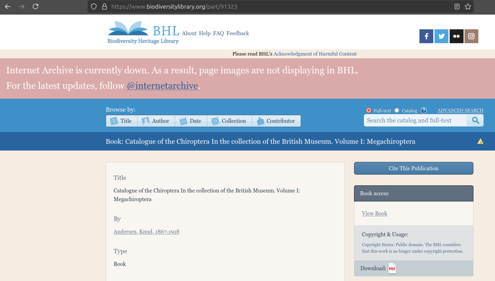 Internet Archive Down Banner on Biodiversity Heritage Library. Accessed at https://www.biodiversitylibrary.org/part/91323 on 2024-10-16.